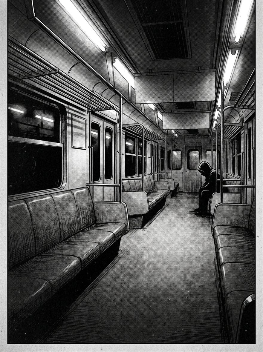 Ward Files 001, panel 1 — an empty late-night train, one hooded passenger