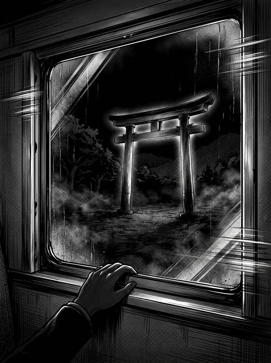Ward Files 001, panel 2 — a glowing torii gate seen through the train window