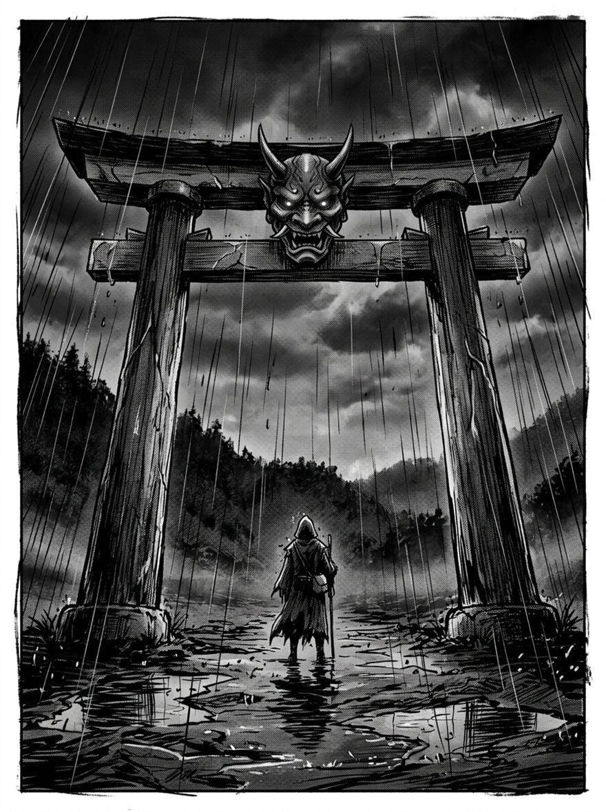 Ward Files 001, panel 3 — a colossal torii gate with an oni mask carved into it, towering over a small figure in the rain