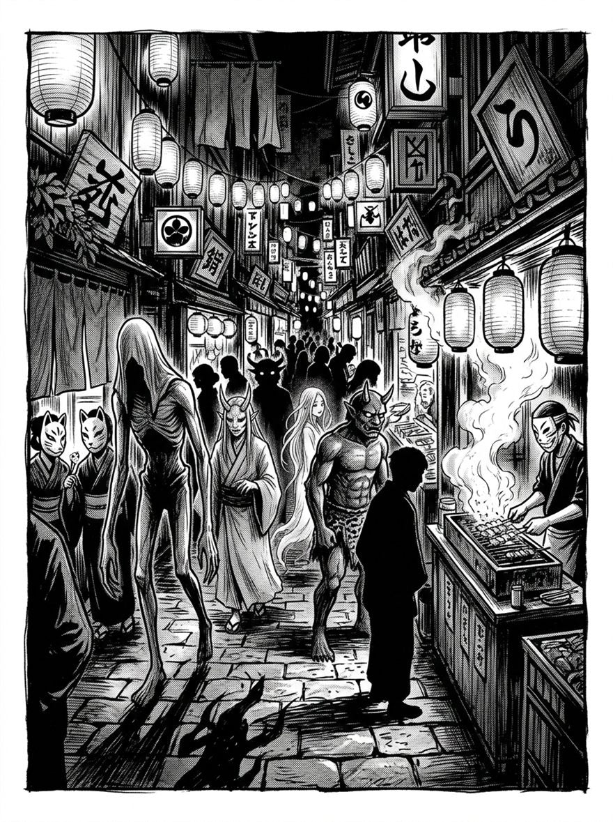 Ward Files 001, panel 4 — a lantern-lit night market crowded with spirits