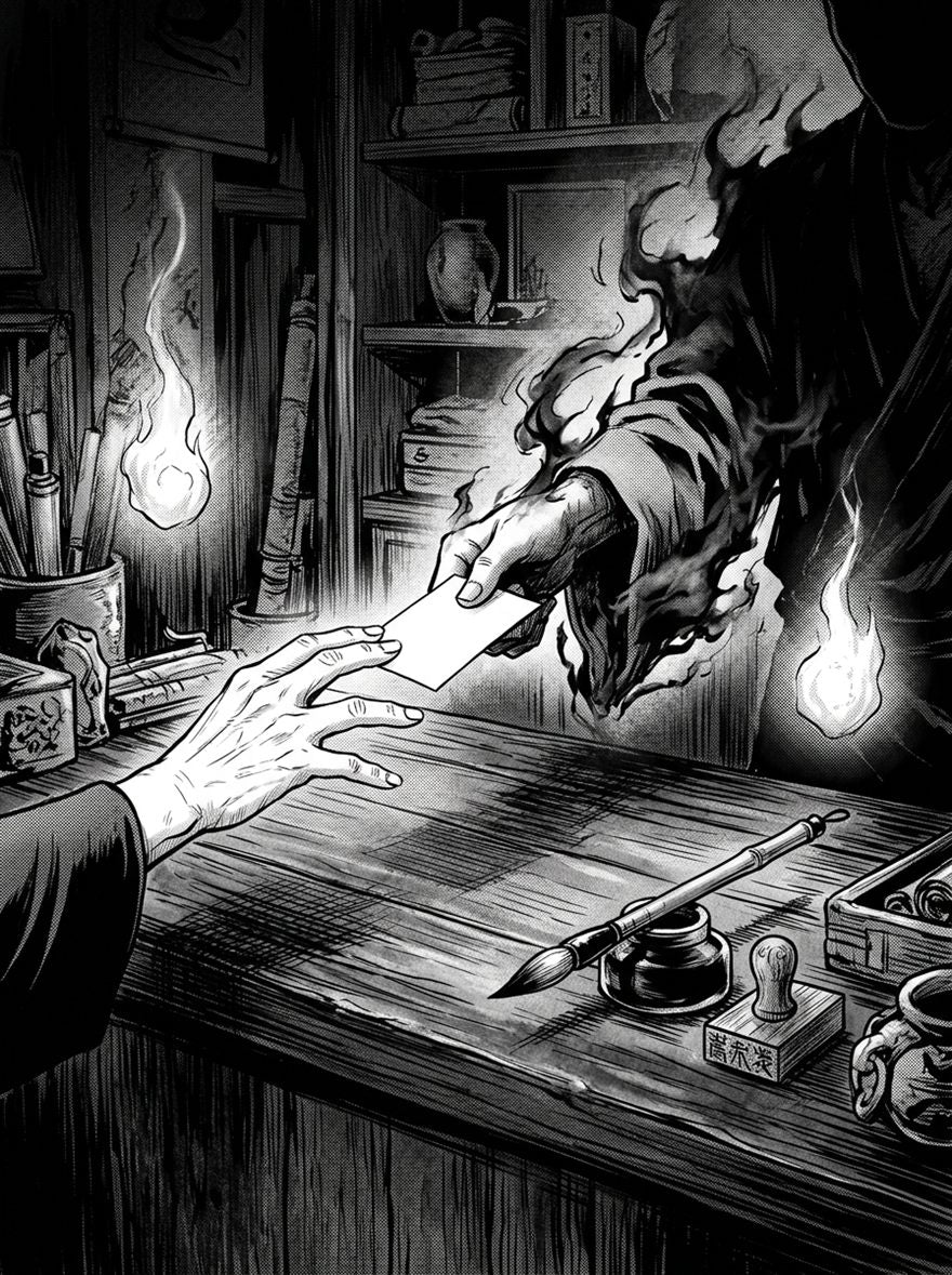 Ward Files 001, panel 5 — a hand receiving a paper permit across a counter from a shopkeeper dissolving into smoke