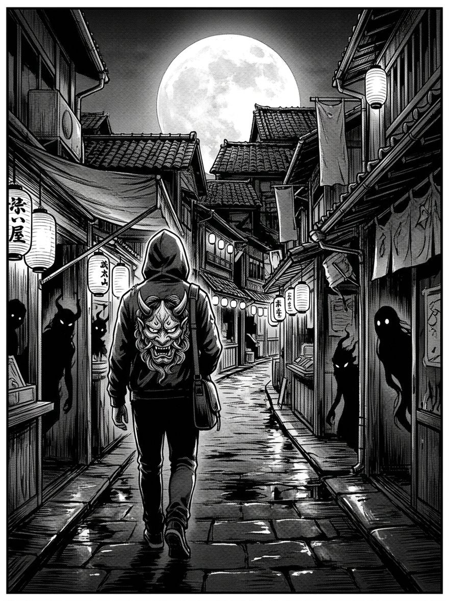 Ward Files 001, panel 6 — a figure in an oni mask hoodie walking away down the moonlit alley